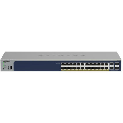 Netgear ProSafe GS728TPP 24-port Gigabit PoE+ managed network switch with front view and multiple Ethernet ports.