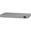 Rear left angle view of Netgear ProSafe GS728TPP 24-port Gigabit PoE+ managed network switch showing ports and ports on the back.