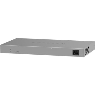 Rear left angle view of Netgear ProSafe GS728TPP 24-port Gigabit PoE+ managed network switch showing ports and ports on the back.