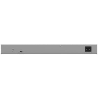 Rear right-angle view of Netgear ProSafe GS728TPP 24-port Gigabit PoE+ managed network switch with port labels visible