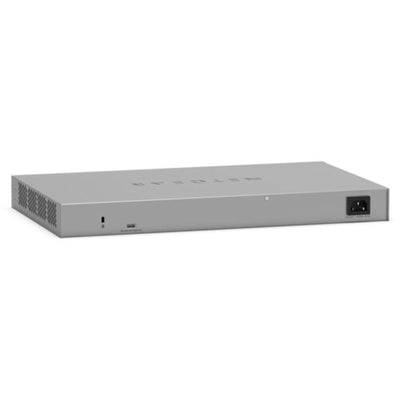 Rear view of Netgear ProSafe GS728TPP 24-port Gigabit PoE+ managed network switch showing ports and connections.