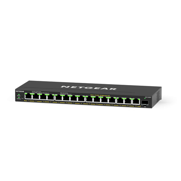 Netgear GS316EPP 16-port Gigabit PoE+ managed network switch with SFP ports, shown from a left perspective.