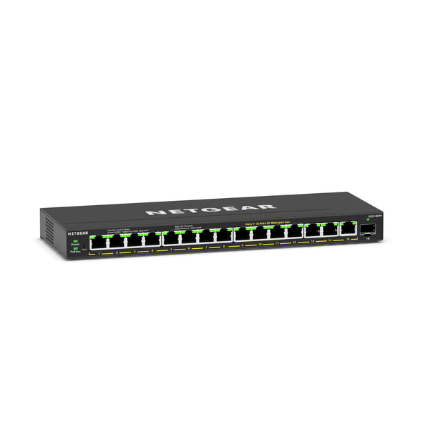 Netgear GS316EPP 16-port Gigabit PoE+ managed network switch with SFP ports, shown from a right-side perspective.