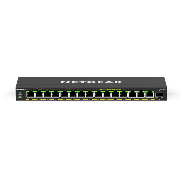 Netgear GS316EPP 16-port Gigabit PoE+ managed switch with SFP ports, shown from top front view.
