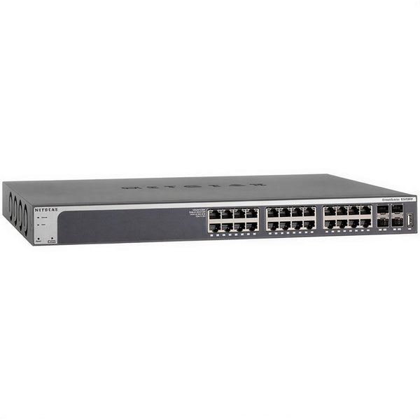 Front angled view of the Netgear GS724TPPv3 24-port Gigabit PoE+ managed network switch with 380W power supply.