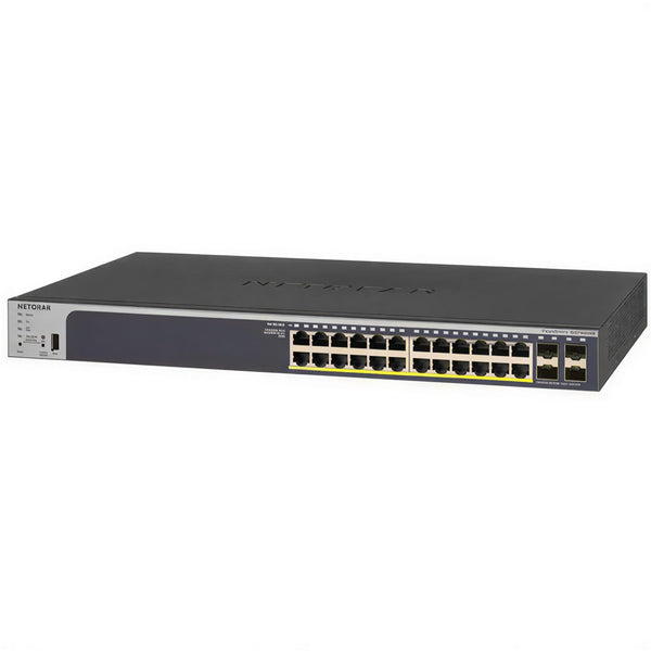 Netgear GS724TPPv3 24-port Gigabit PoE+ managed network switch with angled front view showing ports and LED indicators.