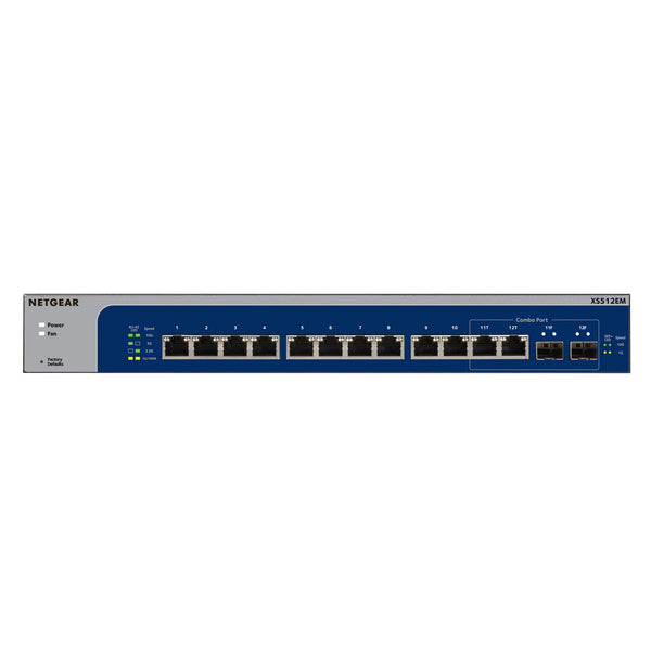 Front view of the Netgear XS512EM 12-port gigabit managed smart cloud network switch with LED indicators.