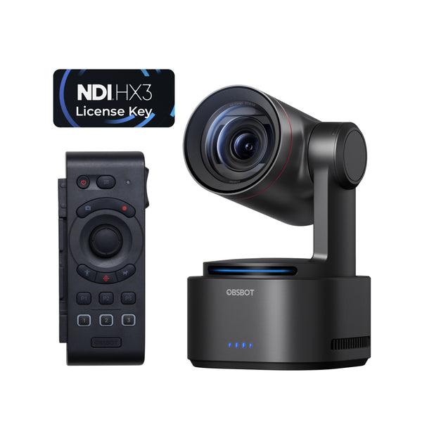 OBSBOT Tail 2 Remote Combo PTZ camera with NDI activation, featuring camera lens, remote control, and sleek design. – image 1