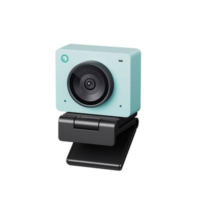 OBSBOT Meet 2 AI-powered 4K webcam with magnetic clip mount, in Aurora Green, showing front view with lens and sleek design.