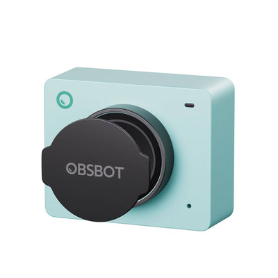 OBSBOT Meet 2 AI-powered 4K webcam in Aurora Green with privacy cover, featuring sleek design and advanced video capabilities.