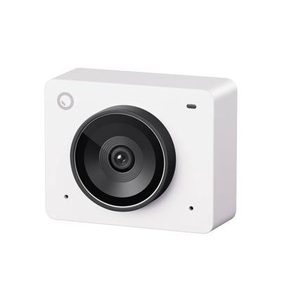 OBSBOT Meet 2 AI-powered 4K webcam in cloud white, front-left side view showing sleek design and camera lens.