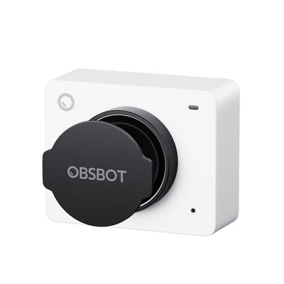 OBSBOT Meet 2 AI-powered 4K webcam with white finish and magnetic privacy cover, designed for high-quality video conferencing.