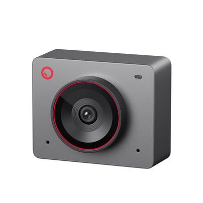 OBSBOT Meet 2 AI-powered 4K webcam front and left side view in space grey, showcasing sleek design and lens details.