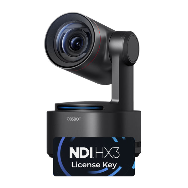 A view of the OBSBOT Tail 2 NDI Combo camera, shown from the front-left side against a white background