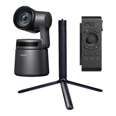 OBSBOT Tail Air PTZ camera with tripod and remote control, compact video recording and streaming setup.