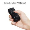 Hand holding OBSBOT Tail Air Smart Remote Controller with 'Smooth Motion PTZ Control' text above