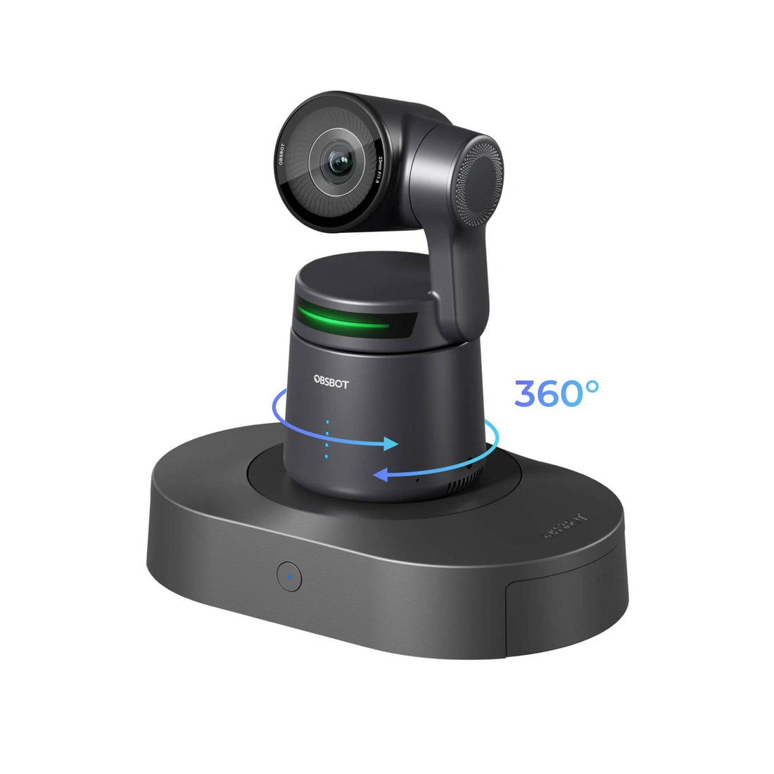 Camera remains powered while rotating on the OBSBOT 360° charging base. Designed for fixed desks and long runtime setups. – image 5