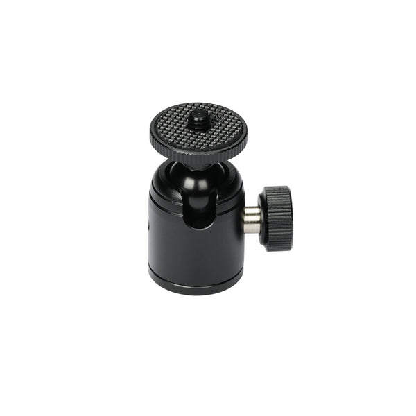 A compact almunium mini ball head with a locking side knob and standard 1/4″-20 mount, designed for stable camera positioning and quick angle adjustment on small tripods and desktop rigs. – image 1