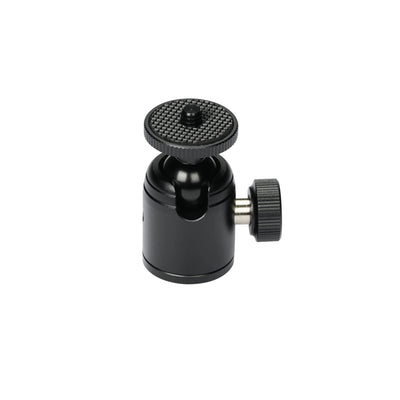 A compact almunium mini ball head with a locking side knob and standard 1/4″-20 mount, designed for stable camera positioning and quick angle adjustment on small tripods and desktop rigs.