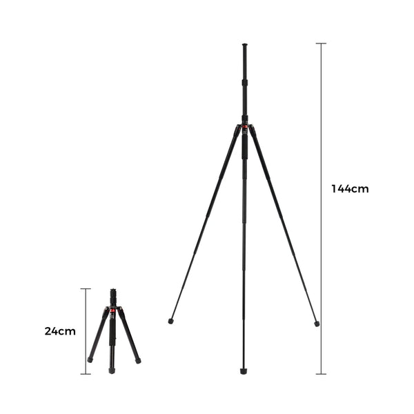Height comparison showing 24 cm folded size and 144 cm maximum extension.