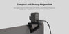 Magnetic mount with device on a reflective surface, text about compact and strong magnetism.