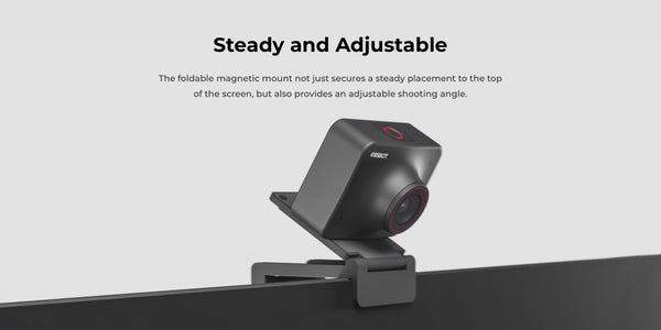 Black camera with magnetic mount on a gray background, featuring text about steadiness and adjustability.