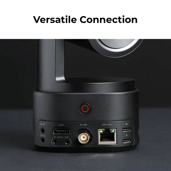 Mic in, Line in, HDMI, LAN, 3G-SDI connection back view of the OBSBOT Tail 2 Remote Combo against a white background – image 3