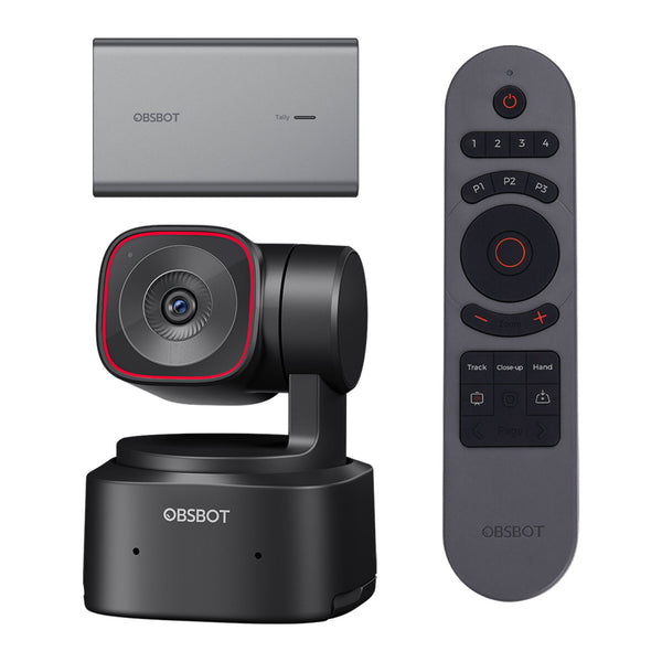 OBSBOT TINY 2 Lite Remote NDI Adapter Combo Against A White Background