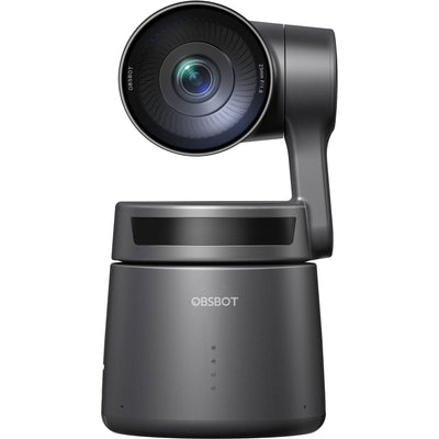 OBSBOT Tail Air Pack NDI activated PTZ camera with straight front view, featuring sleek design and advanced video capabilities.