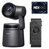 OBSBOT Tail Air Remote Combo PTZ camera with NDI activation, featuring remote control and adjustable camera pan-tilt functions.