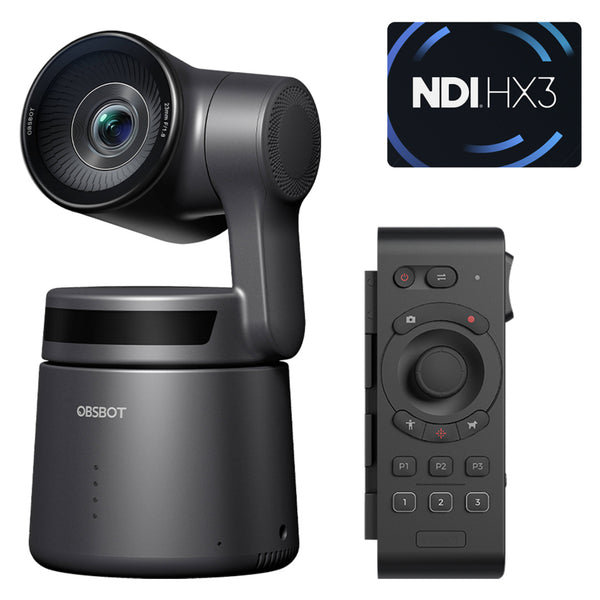 OBSBOT Tail Air Remote Combo PTZ camera with NDI activation, featuring remote control and adjustable camera pan-tilt functions. – image 1