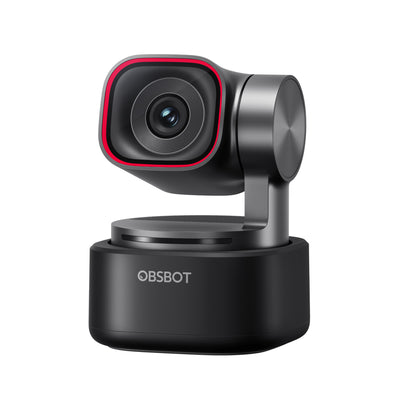 OBSBOT Tiny 3 AI-powered 4K PTZ webcam showing side view with sleek design and adjustable lens for high-quality video recording.
