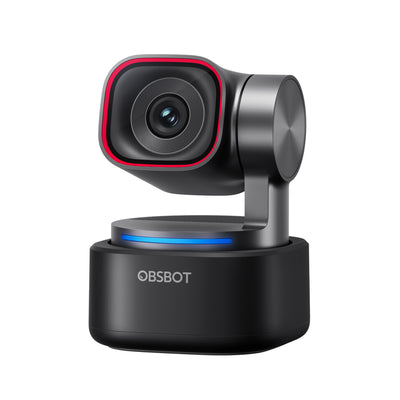 OBSBOT Tiny 3 AI-powered 4K PTZ webcam showing side view with built-in light and adjustable camera lens.