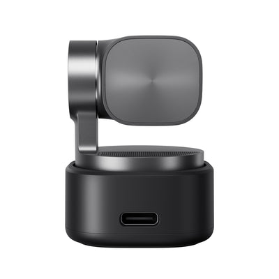OBSBOT Tiny 3 AI-powered 4K PTZ webcam shown from the back, featuring adjustable controls and connection ports.