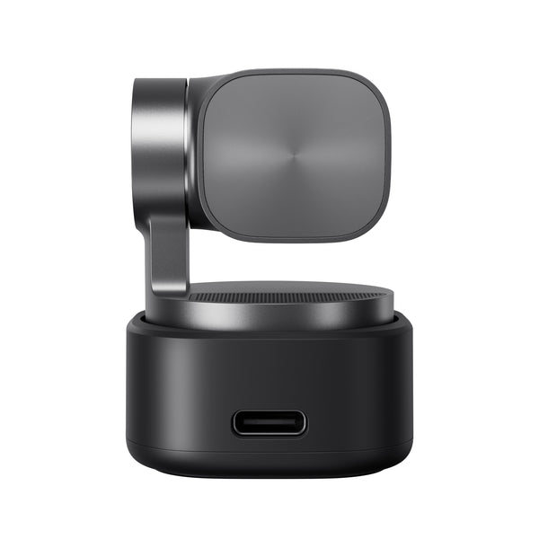 OBSBOT Tiny 3 AI-powered 4K PTZ webcam with spatial audio, showing the back view with ports and adjustable tripod connection.