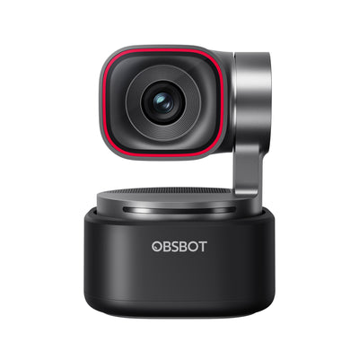 OBSBOT Tiny 3 AI-powered 4K PTZ webcam showing front view with sleek design and lens on the front.