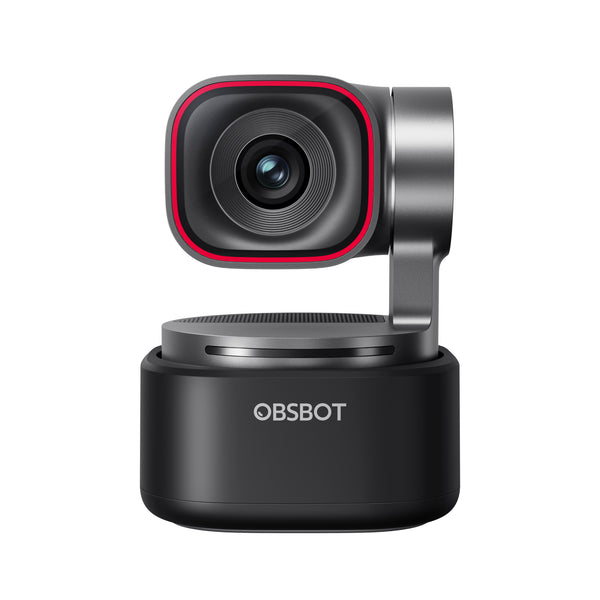 OBSBOT Tiny 3 AI-powered 4K PTZ webcam with spatial audio, front view showing compact design and lens for high-quality video.