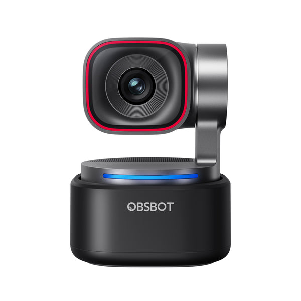 OBSBOT Tiny 3 AI-powered 4K PTZ webcam with built-in light, front view showing lens and compact design for high-quality video calls