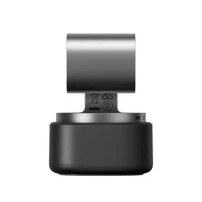Left view of the OBSBOT Tiny 3 AI-powered 4K PTZ webcam showing sleek design and adjustable lens for high-quality video streaming.