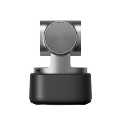 OBSBOT Tiny 3 AI-powered 4K PTZ webcam viewed from the right side showing sleek design and lens details.