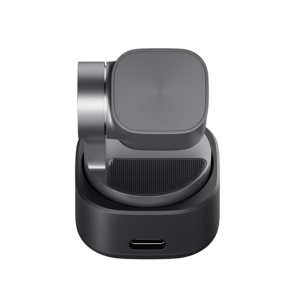 Top view of OBSBOT Tiny 3 AI-powered 4K PTZ webcam with spatial audio, compact design, and adjustable lens for video conferencing.