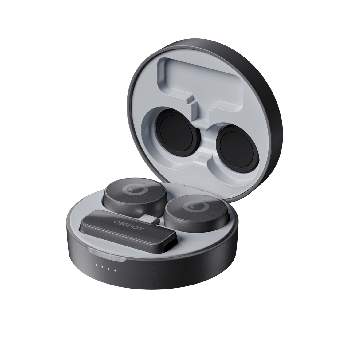 Open view of the OBSBOT Vox wireless live streaming microphone showing its compact design and built-in controls. – image 1