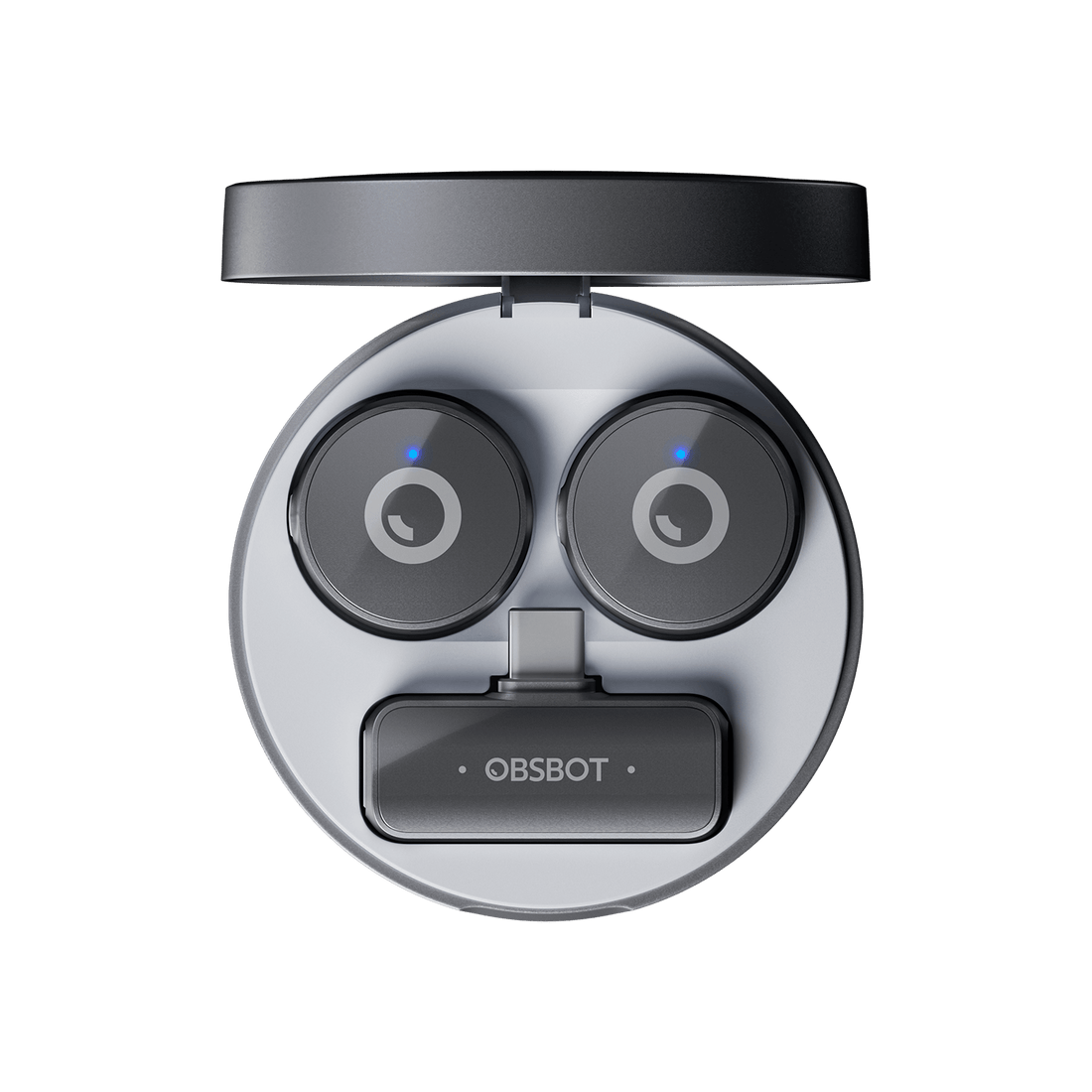 Open top view of the OBSBOT Vox wireless live streaming microphone showing its sleek design and built-in controls. – image 2