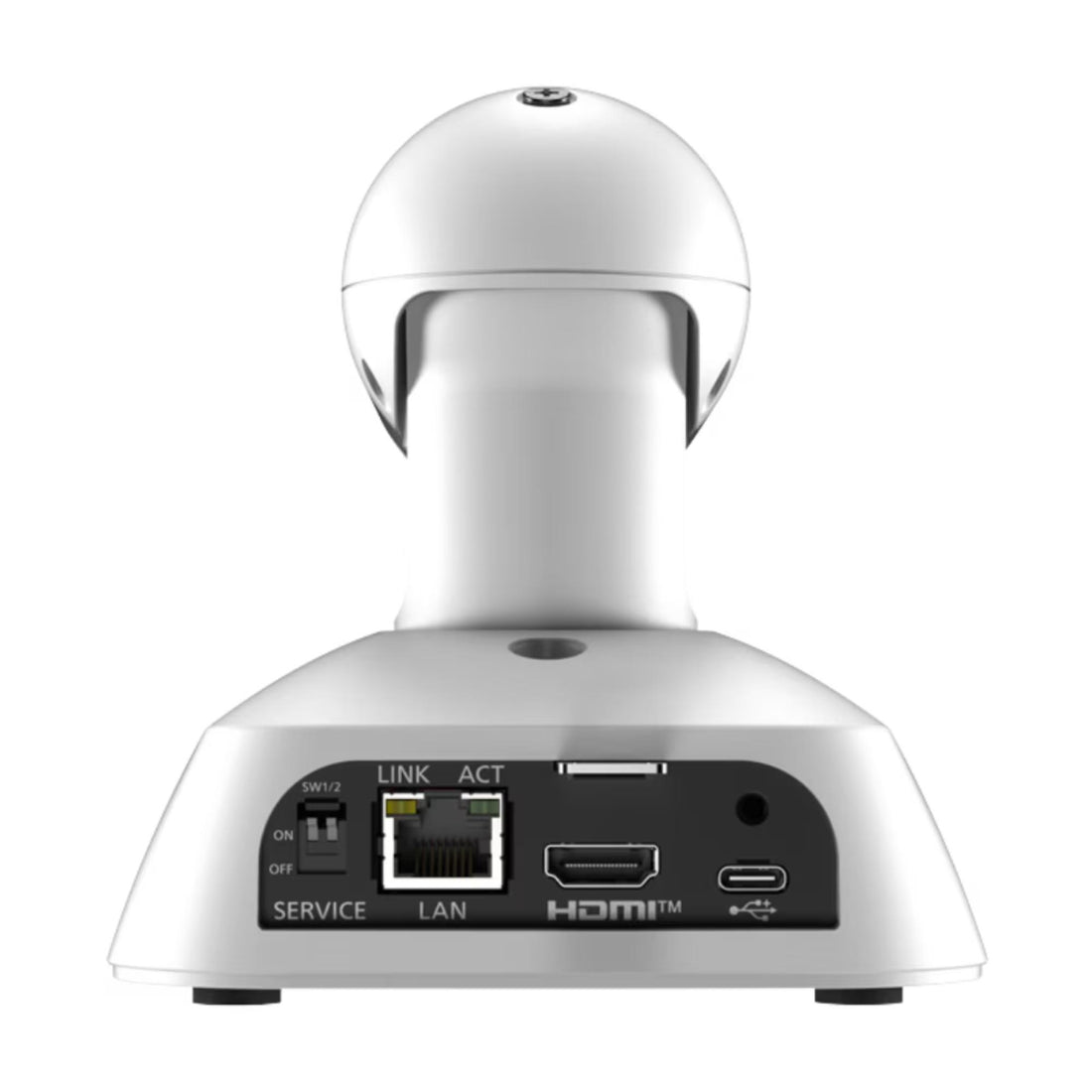 Panasonic AW-UE5 4K Smart EPTZ PTZ camera in white, rear view showing lens and connections for professional video streaming. – image 3