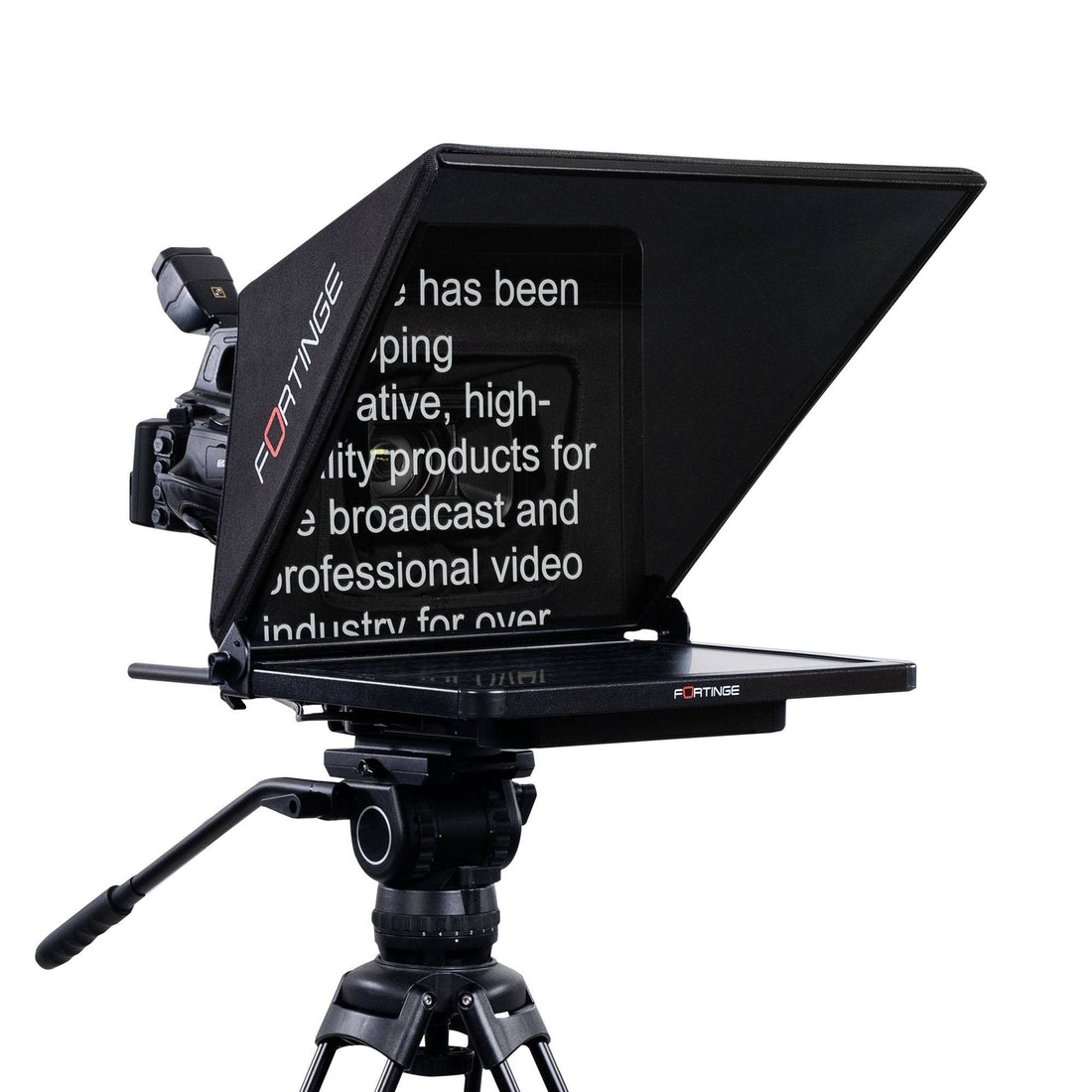 Fortinge PX-15 PROX 15-inch studio teleprompter with SDI input and output, showing the transparent glass screen and sturdy mount. – image 3