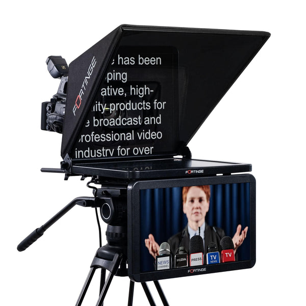 Fortinge PX-15 PROX 15-SDI 15" Studio Teleprompter with SDI In/Out displaying a person speaking, on a white background – image 5