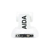 AIDA Imaging Full HD NDI HX3 PTZ camera in white with 20x optical zoom, showing lens and camera body from the back.