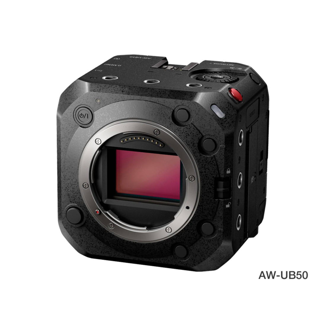 Panasonic AW-UB50 4K full-frame box digital camera from front left view, featuring L Mount and compact design. – image 1