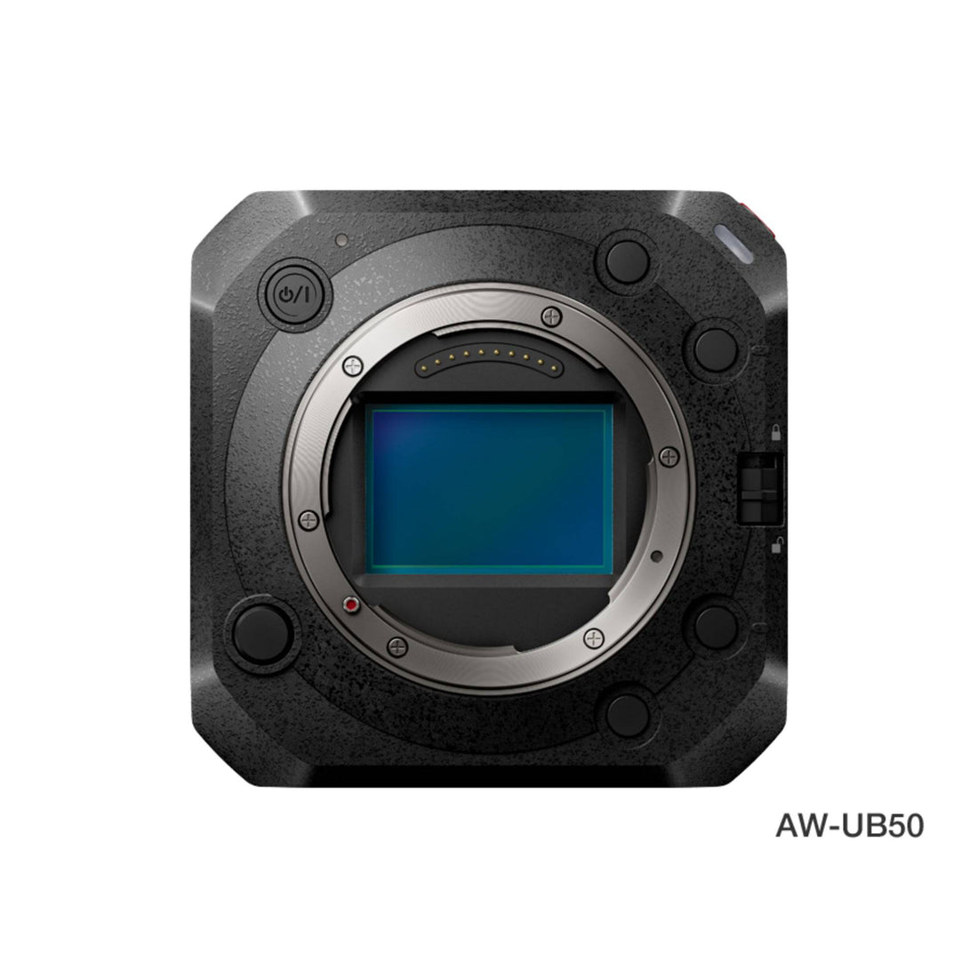 Front view of Panasonic AW-UB50 4K full-frame box digital camera with L Mount, showcasing its sleek design and lens mount. – image 3