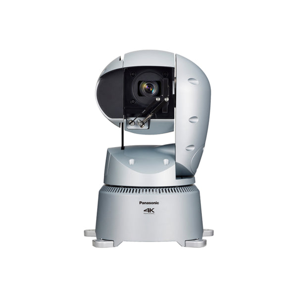 Panasonic AW-UR100 4K outdoor PTZ camera mounted on ceiling, showing front view with lens and control panel. – image 1